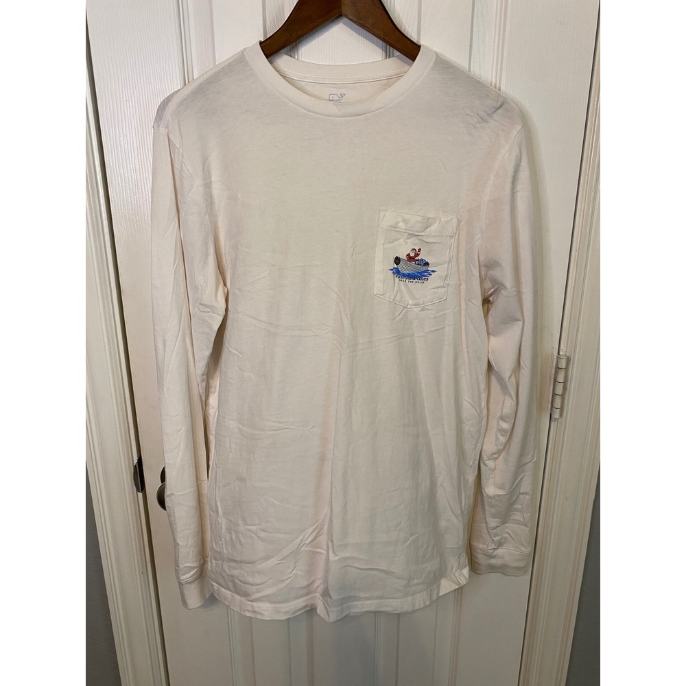 Vineyard Vines Mens Small White Long Sleeve Deck The Hulls Santa Pocket T-Shirt